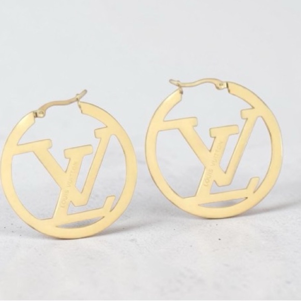 Louis Vuitton Gold Logo Hoop Earrings